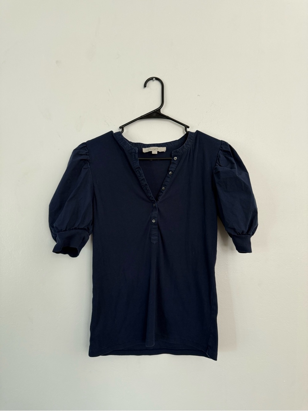 LOFT Navy Puff-Sleeve Henley Blouse